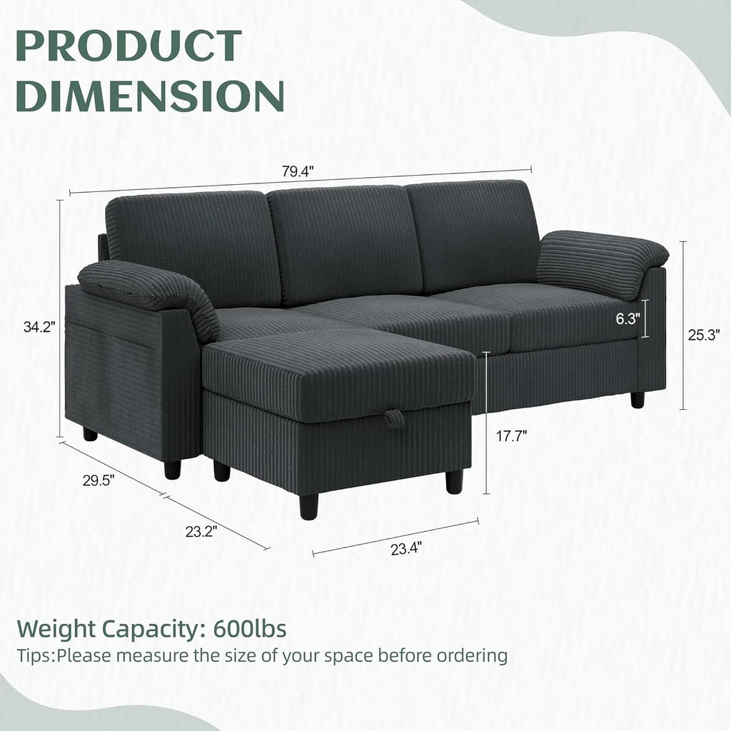 79" Convertible Sectional Sofa L Shape Storage Ottoman Side Pocket Small Living Room Apartment Grey Customized