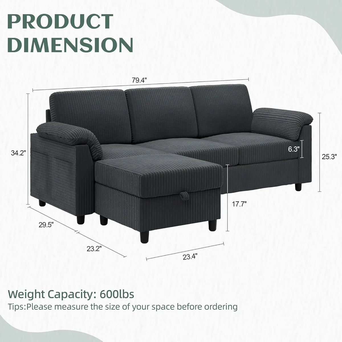 79" Convertible Sectional Sofa L Shape Storage Ottoman Side Pocket Small Living Room Apartment Grey Customized