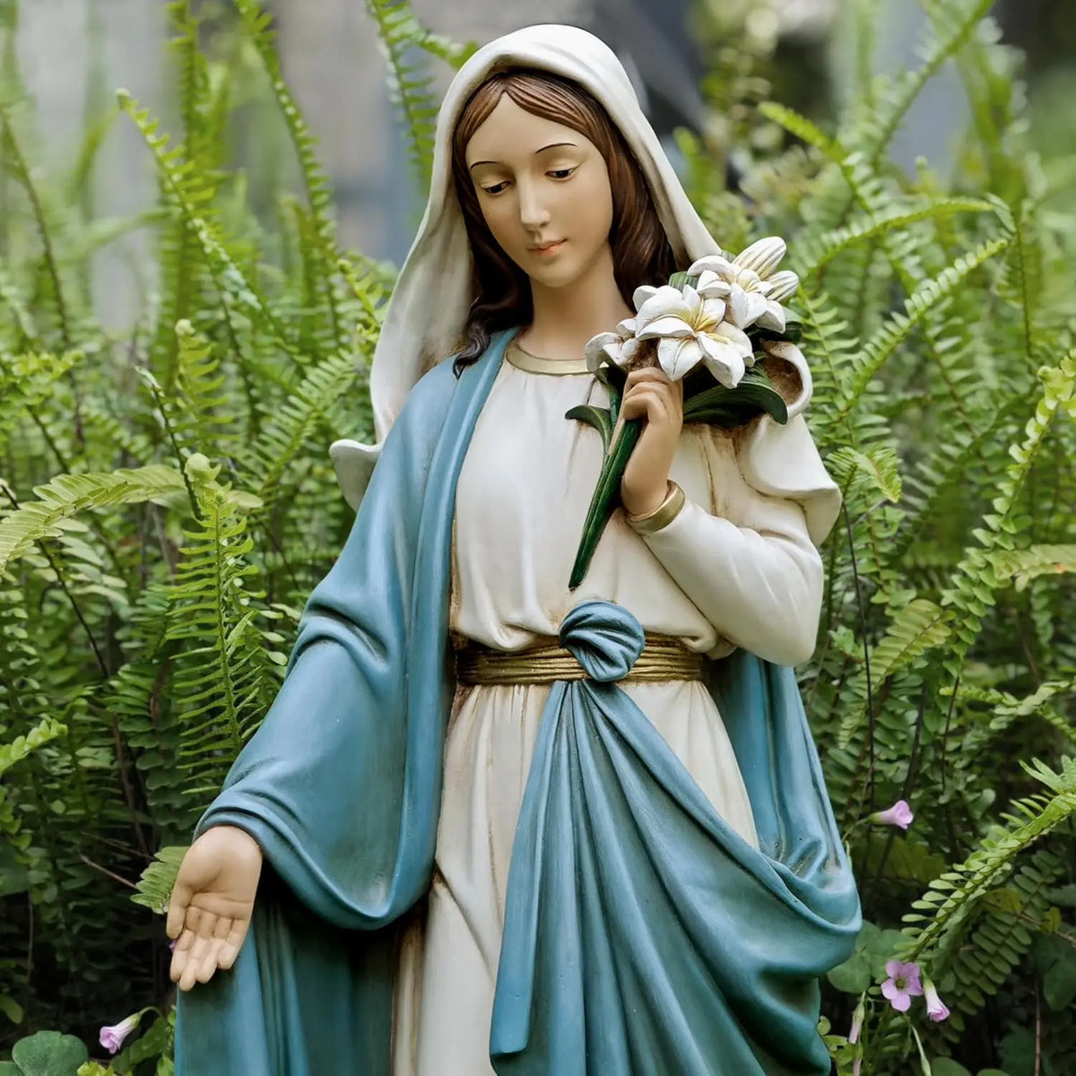 Virgin Mary Garden Statue, 24 Inches Saint Mary Holding Lilies Outdoor Sculpture for Home Yard Patio Lawn Hallway Decor