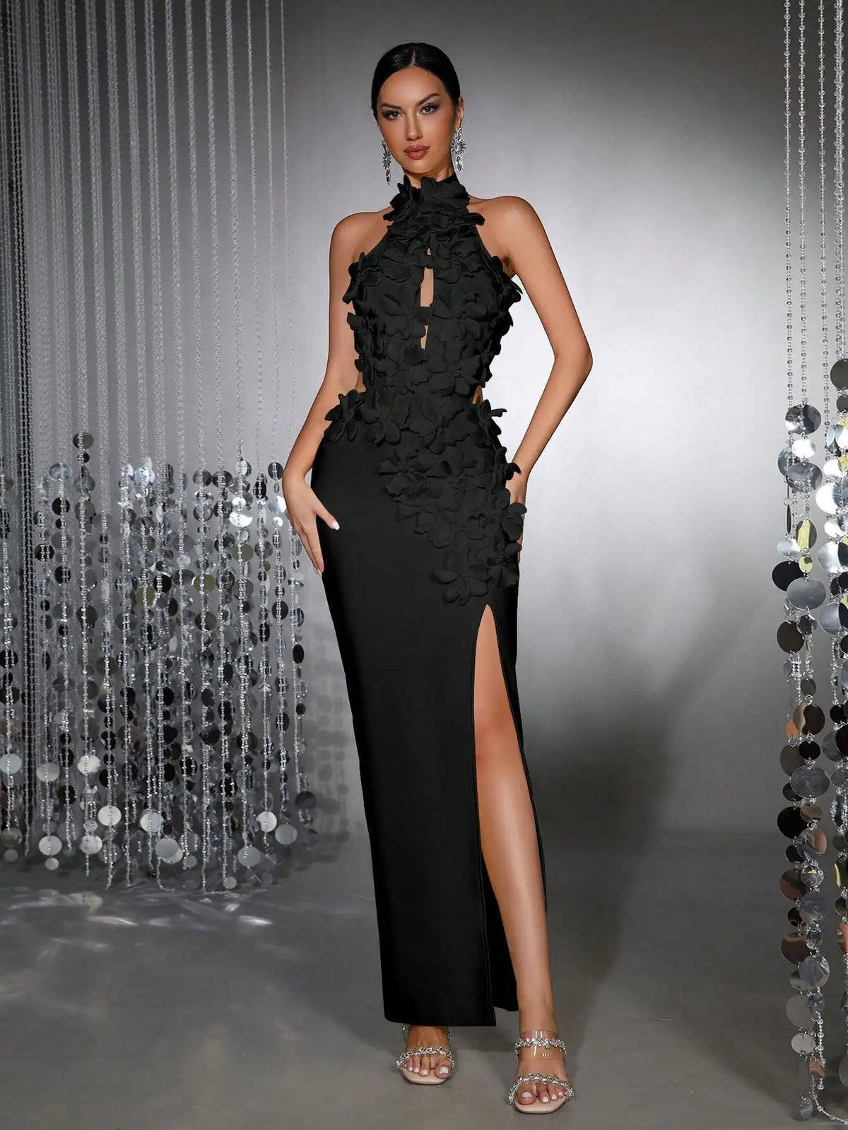 Elegant 3D Floral Halter Sleeveless High Slit Bandage Maxi Dress For Evening Party Wedding