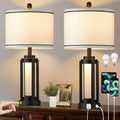 Set of 2 Modern Industrial Table Lamps with USB A+C Charging Ports, AC Outlet, and Night Light for Living Room Bedroom Decor