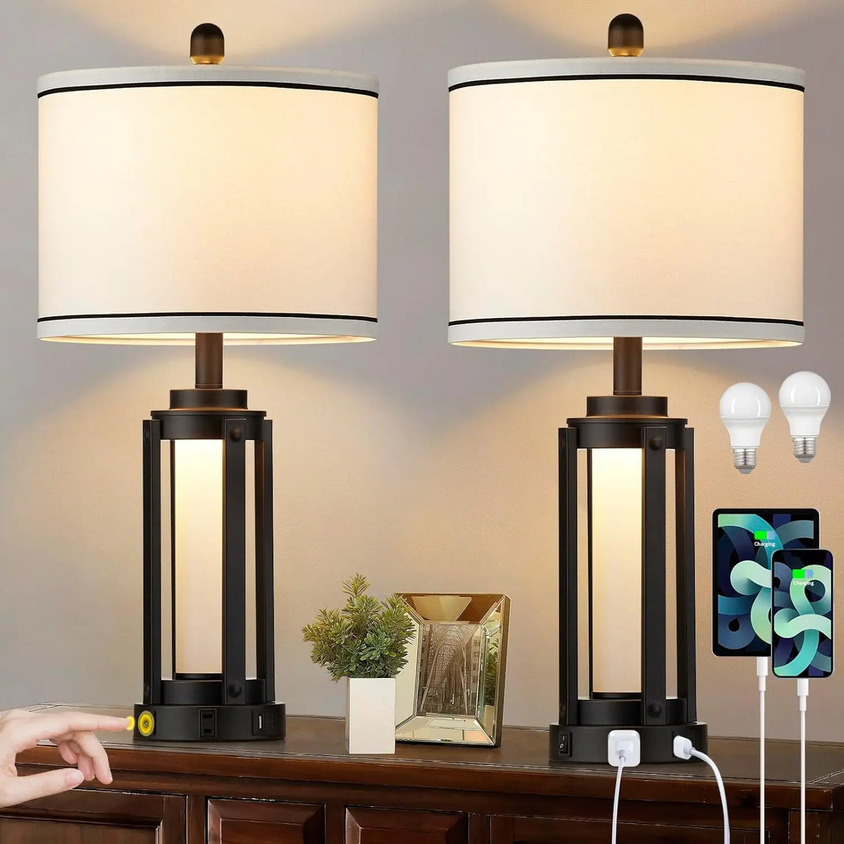 Set of 2 Modern Industrial Table Lamps with USB A+C Charging Ports, AC Outlet, and Night Light for Living Room Bedroom Decor