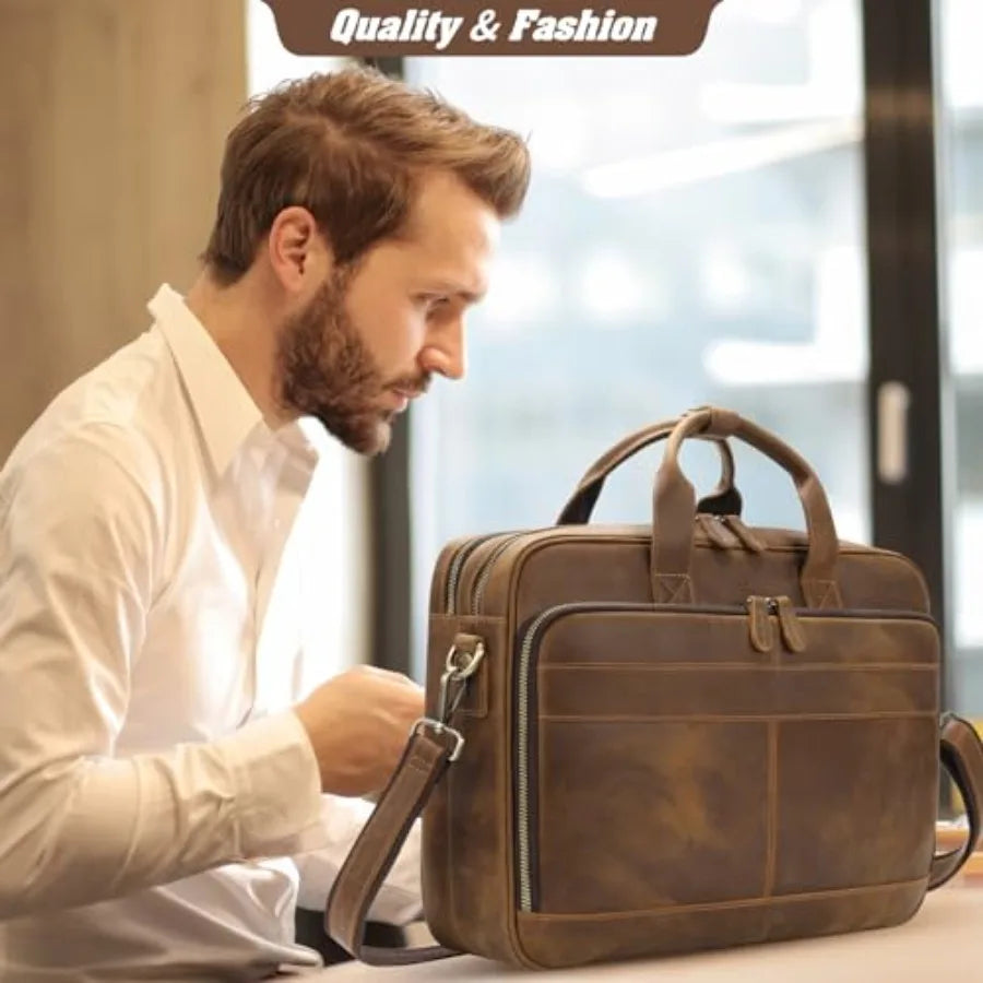 Full Grain Leather Briefcase for Men Business Messenger Bag Laptop Case Fits 15.6 Inch Laptop Brown Premium Quality Durable Des