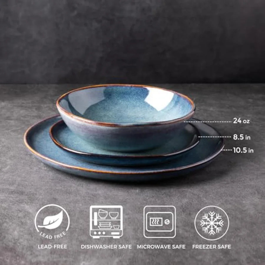 Ceramic Dinnerware Sets Handmade Reactive Glaze Stoneware Plates and Bowls for 8 Service Dishwasher and Microwave Safe Highly S