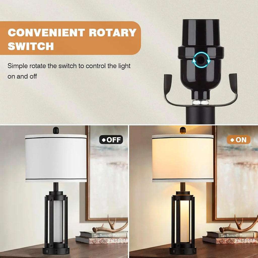 Set of 2 Modern Industrial Table Lamps with USB A+C Charging Ports, AC Outlet, and Night Light for Living Room Bedroom Decor