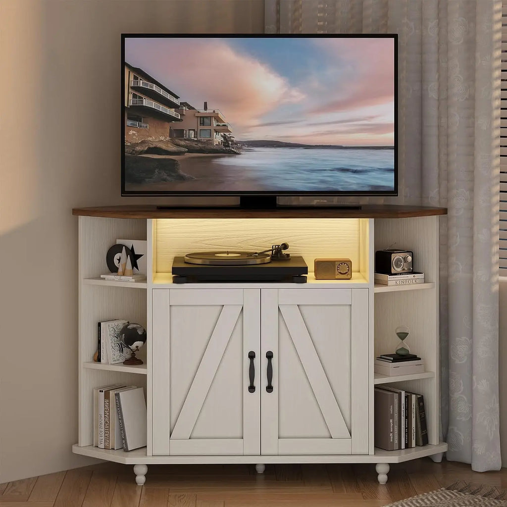 Farmhouse Corner Tv Stand For 50 Inch Tv With Led Lights Adjustable Shelves Barn Doors For Living Room White
