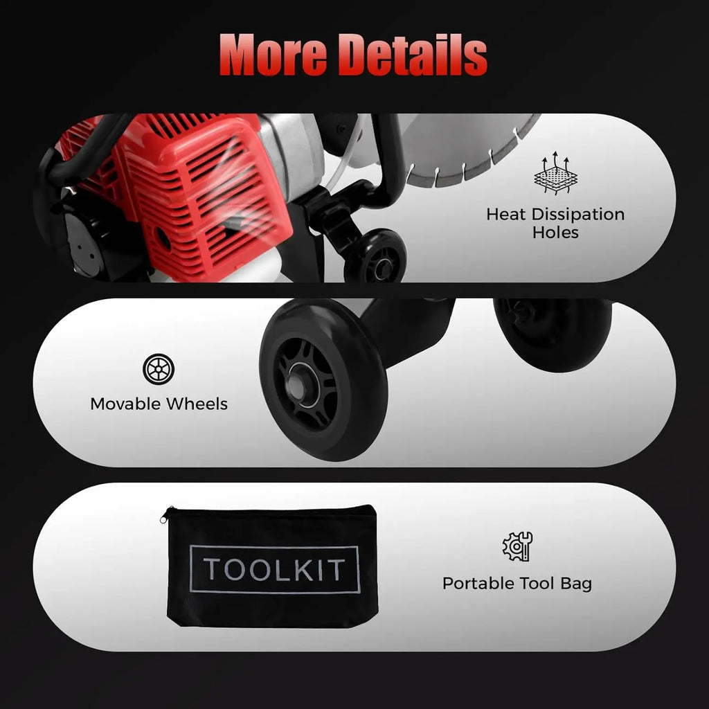 52CC 2-Stroke Gas Concrete Cut Off Saw 1400W Wet Dry Cutting Power Tool High Speed 1800RPM Ergonomic Design