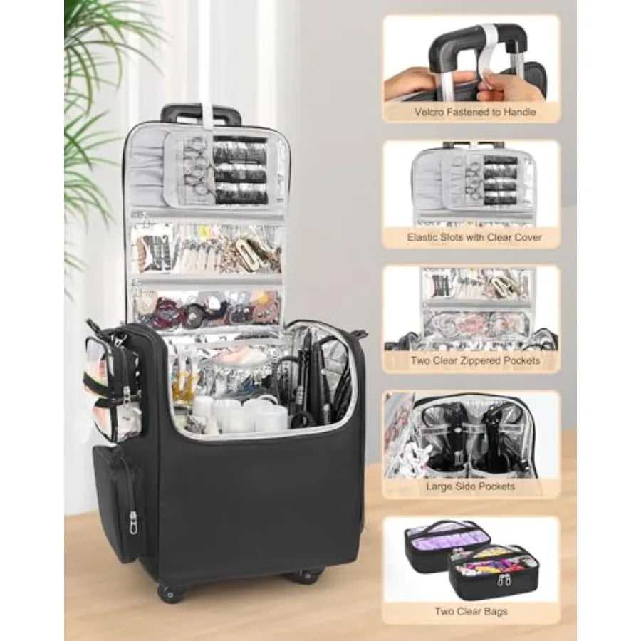 Rolling Makeup Train Case for Hairstylists with 4 Wheels Heat Insulation Full Layer Adjustable Dividers Hair Tools and Cosmetic