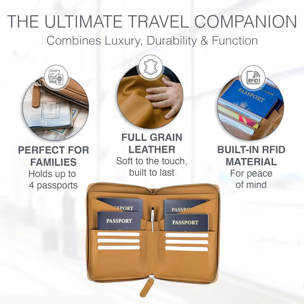 Full Grain Leather Passport Holder for 4, RFID Blocking Travel Organizer - Family Wallet in Camel