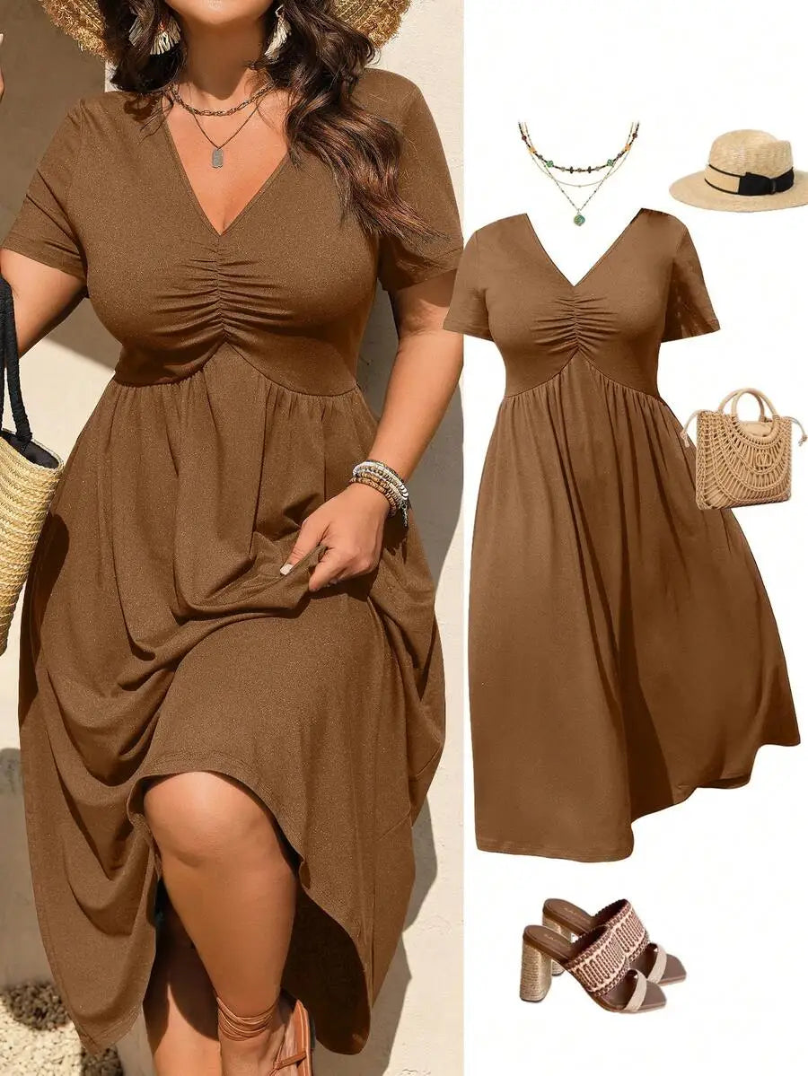 Black V-Neck Ruched Short Sleeve A-Line Midi Dress for Women