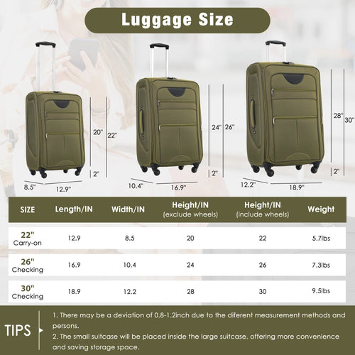 22/26/30 Inch Softside Expandable Travel Luggage Set 3Pcs Upright Spinner Wheels Lightweight Softshell Suitcase
