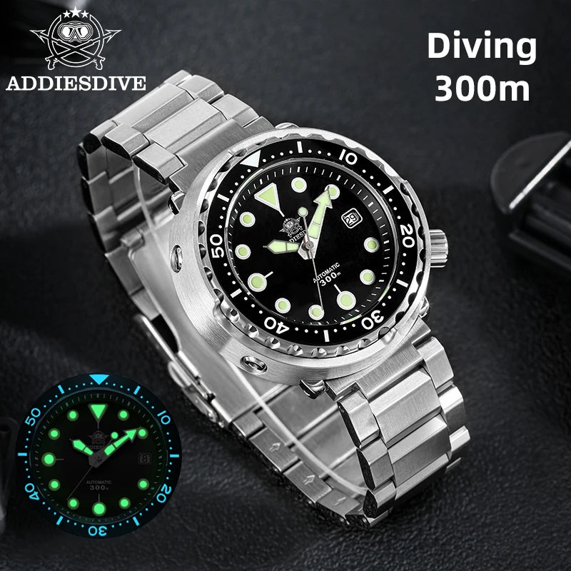 ADDIESDIVE Men's Luxury Diver's Watch 300m 316L Stainless Steel Super Luminous BGW9 Tuna Automatic Watch Men's Gift Clock AD2522