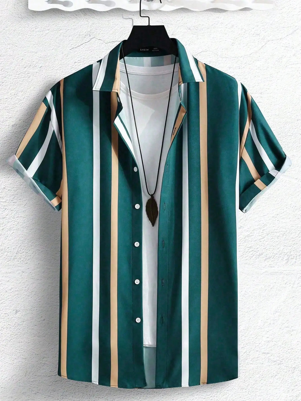 Men's Short Sleeve Button-Up Shirt with Vertical Stripe Print, Casual Vacation Style