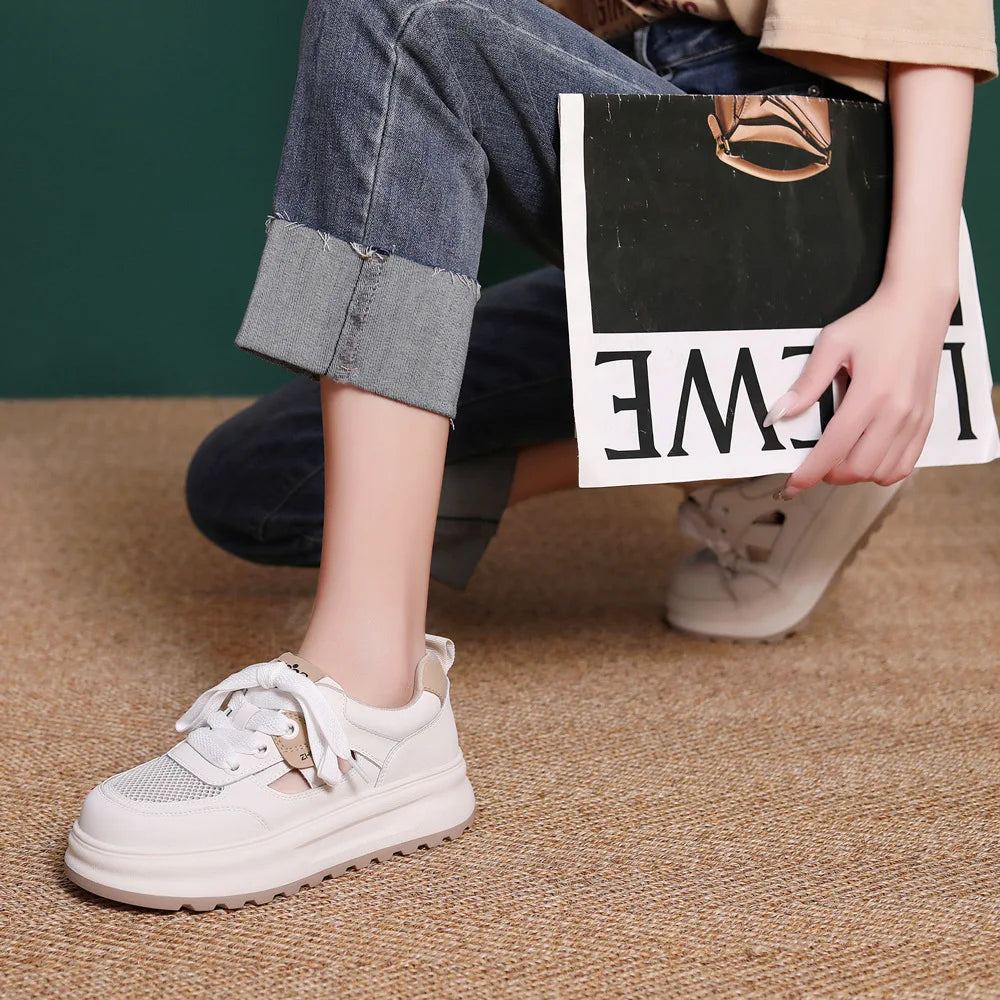 2026 New Women's White Sneakers Breathable Mesh Shoes Thick Sole Platform Casual Shoes Retro Street Style Walking Trainers