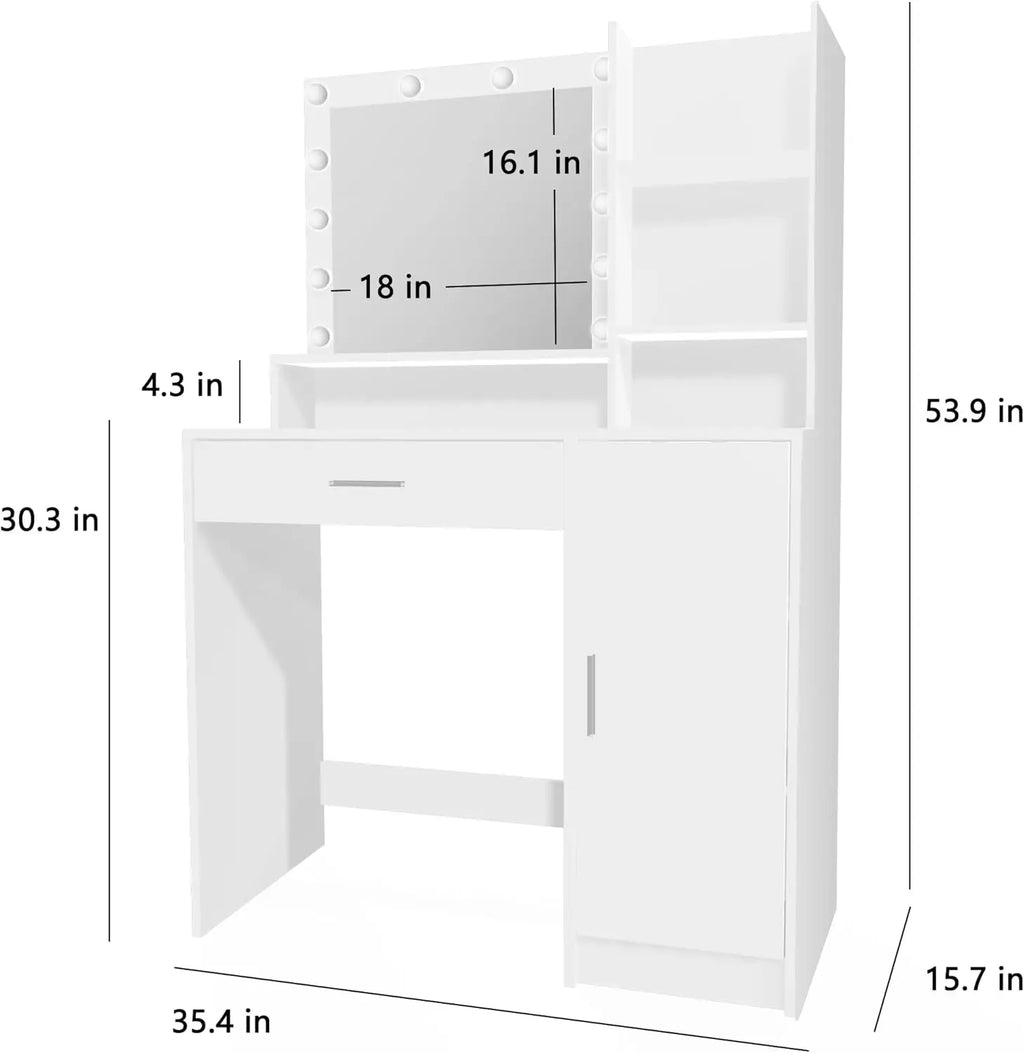White Vanity Desk With Mirror Light Large Drawer Three Tier Storage Dresser Three Adjustable Lighting Modes Brightness Bedroom D