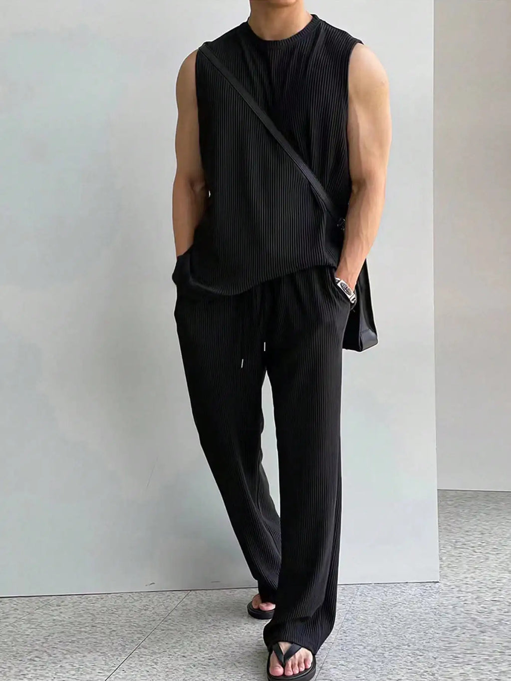 Men's Ribbed Sleeveless Top and Wide-Leg Drawstring Pants Set