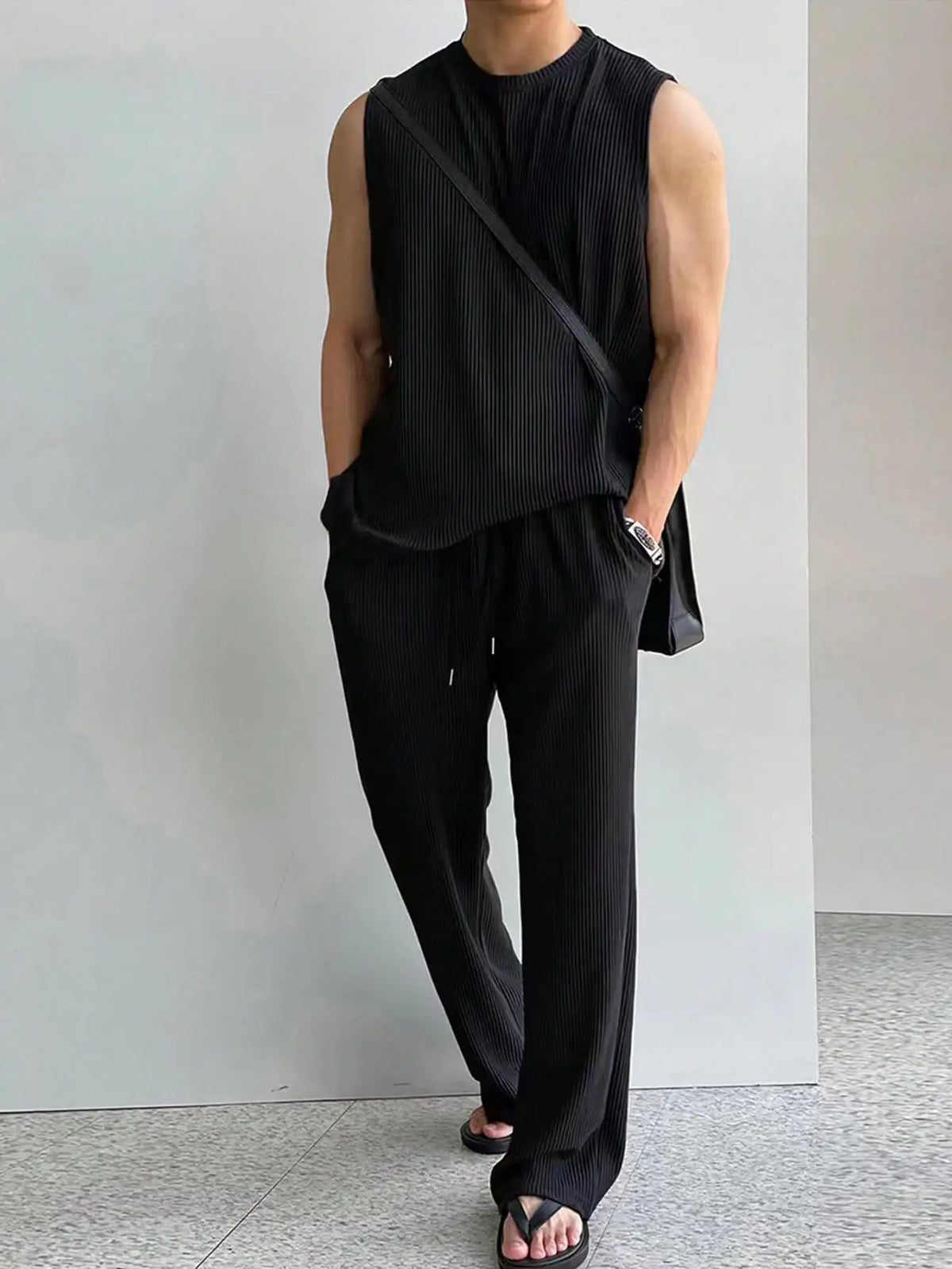Men's Ribbed Sleeveless Top and Wide-Leg Drawstring Pants Set