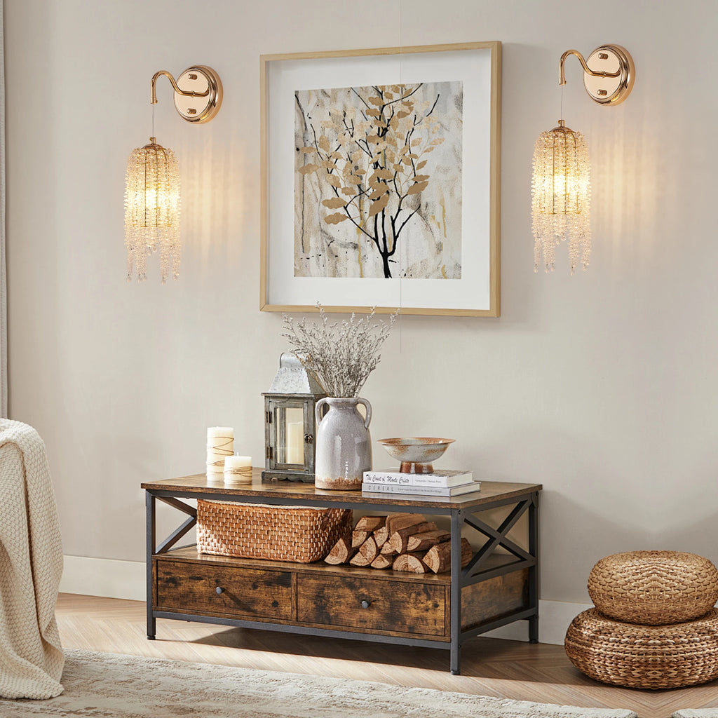 Luxury Gold Crystal Tassel Wall Sconce Adjustable Cord E12 Base Wall Chandelier for Living Room Bedroom Bedside Background Wall