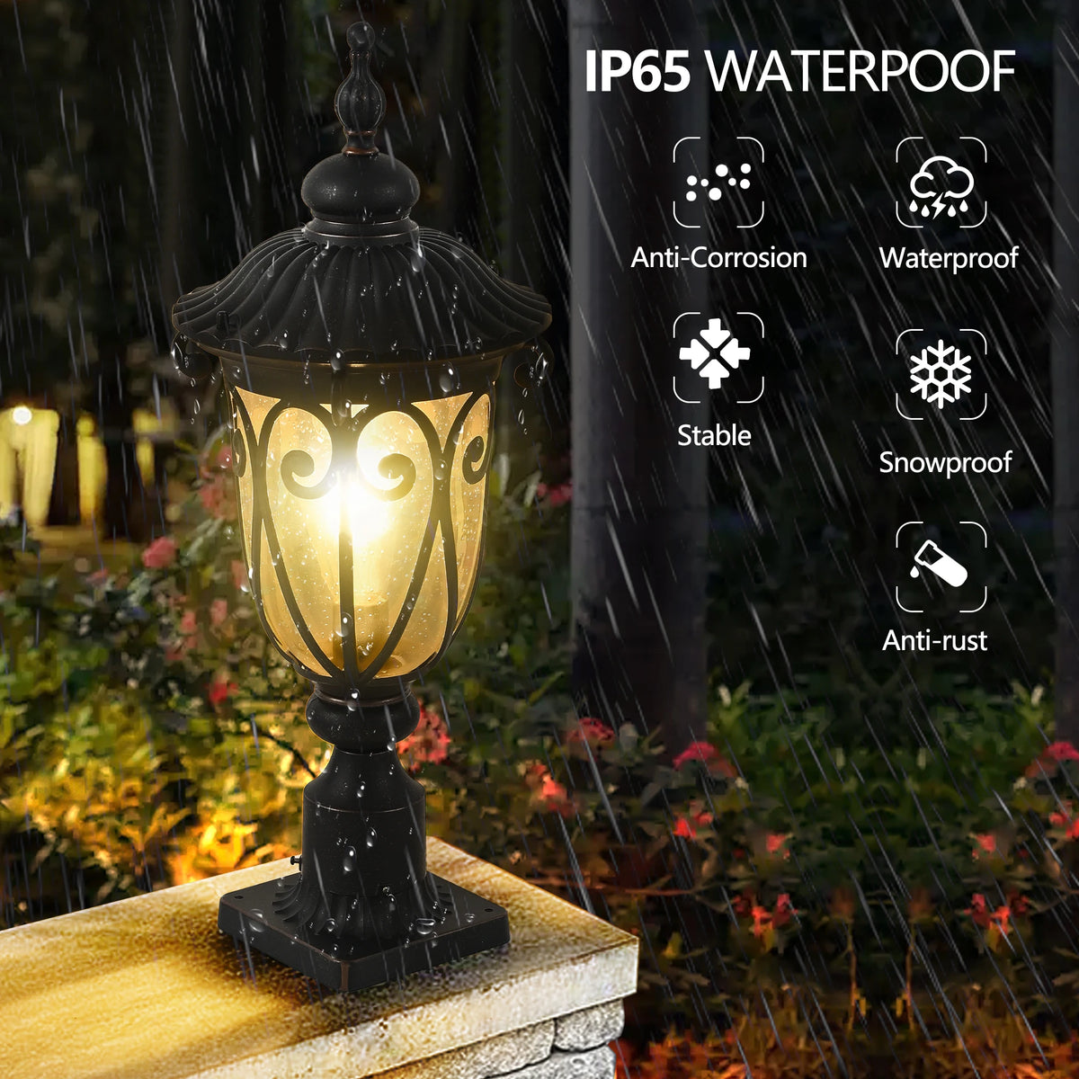 Vintage Black Outdoor Post Lantern - Waterproof Aluminum Lamp Post Light with Bubble Glass, Decorative Garden Lighting(No Bulb)