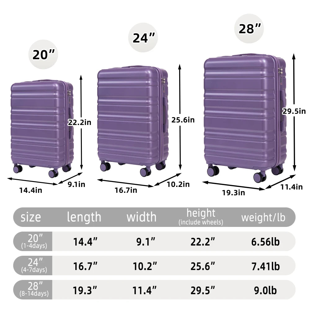 20/24/28 Inch 3 Piece ABS Hardshell Luggage Set Spinner Wheels Combination Lock Matching Color Travel Suitcase Purple