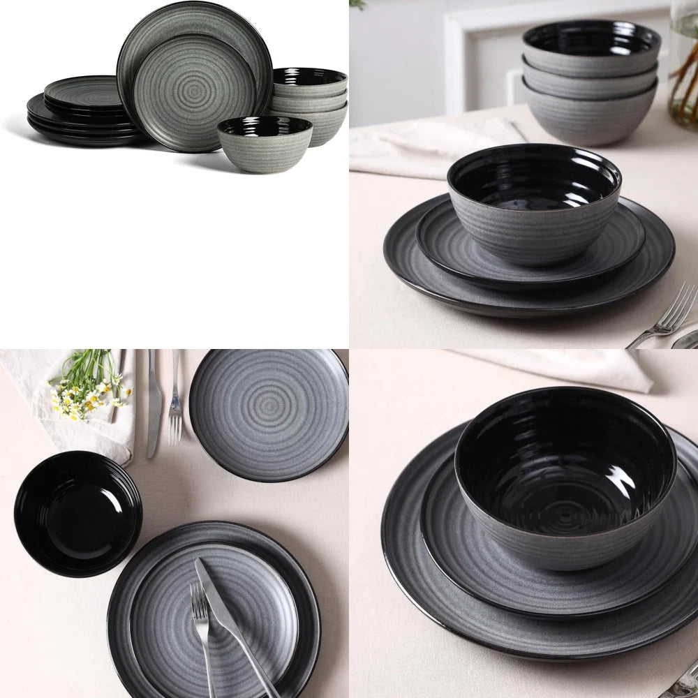 Ceramic Tableware Set12 Piece Stone Lain Dua Dinnerware Set Ceramic Plates and Bowls for Modern Dining