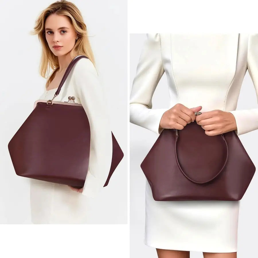 Womens Kiss Lock Bag PU Medium Top Handle Handbags Kiss Clasp Shoulder Bags Tote Purse Messenger Clutch