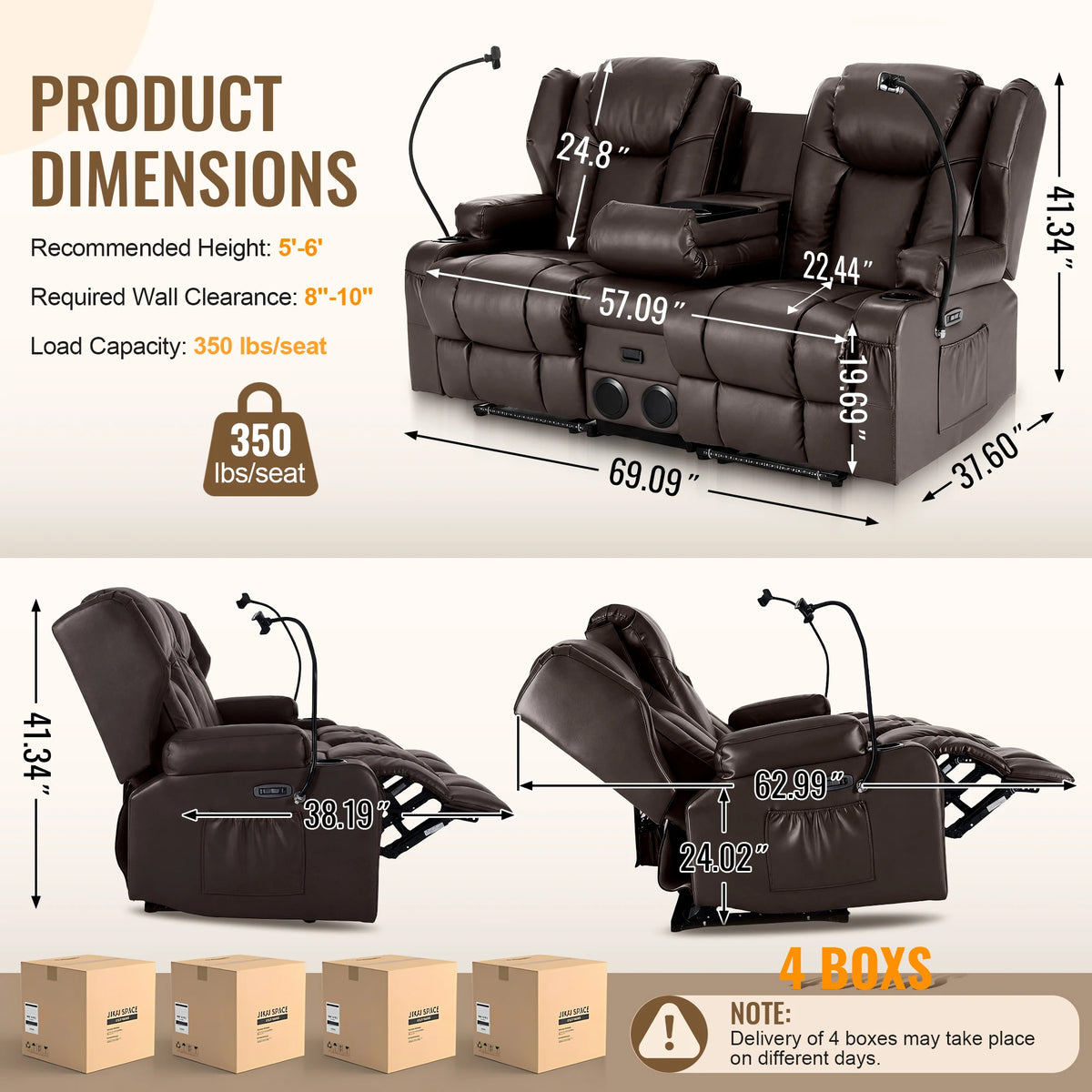 Redlife Loveseat Electric Recliner Sofa for Seniors, Massage & Heat,Dual Motor,350LBS Capacity,Cat-Claw Leather,For Living Room