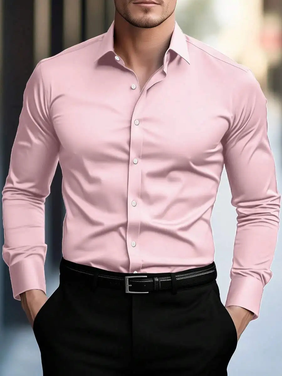 Men's Solid Cream Slim Fit Long Sleeve Button-Down Shirt for Business Casual Wear