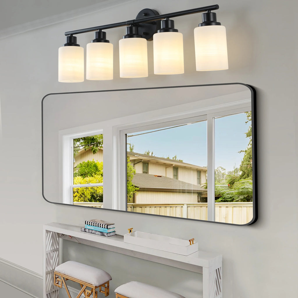 Modern Bathroom Wall Mount Lights 5 Lights Bathroom Vanity Lights Black Bathroom Mirror Light Fixtures With Milky Glass Shades