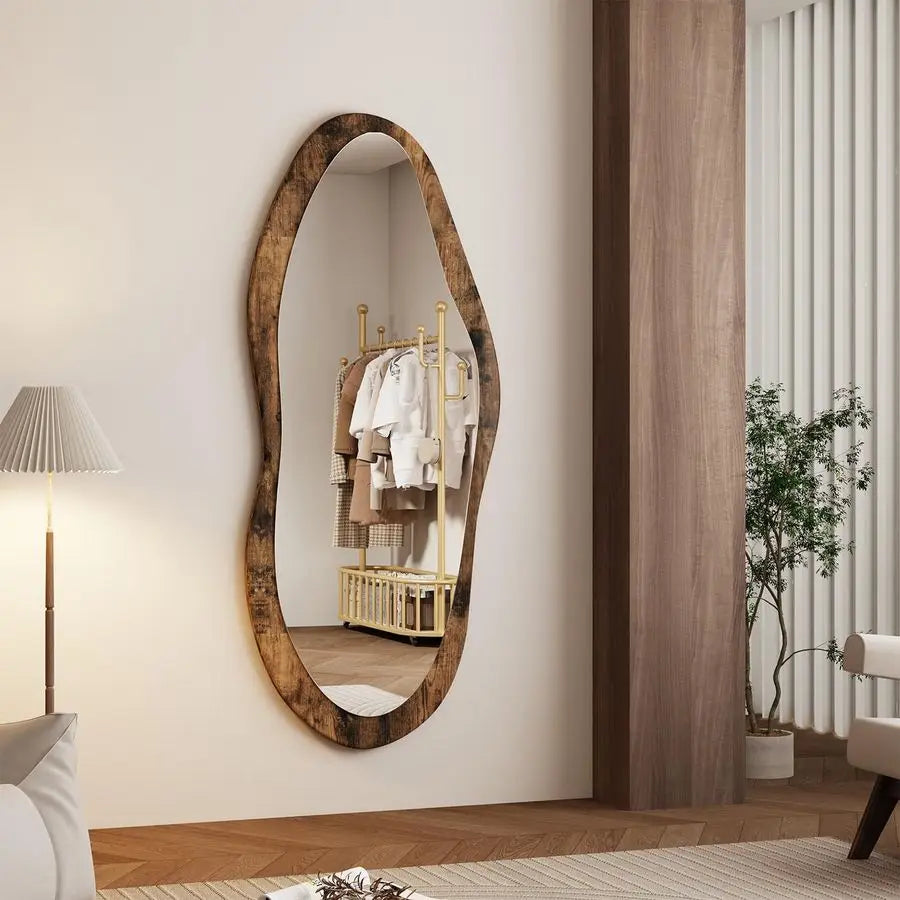 Large Mirrors with Wood Framed 47x20 Vintage Irregular Wall Mirror Full Length Asymmetrical for Bathroom Bedroom Living Room Ent