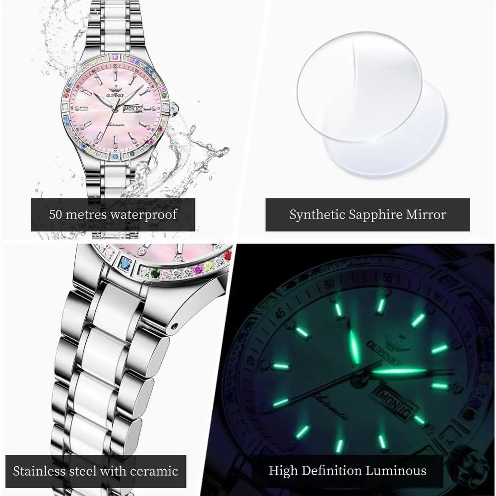 OUPINKE Automatic Watches or Women Diamond Luxury DrSel Winding StainlSteel Sapphire Crystal Ceic Ladies Watches