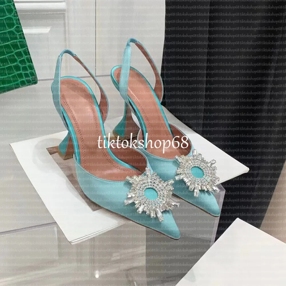 Amina muadii heels designer sandals womens wedding dress shoes satin pointed slingbacks bowtie pumps crystal sunflower flower hi