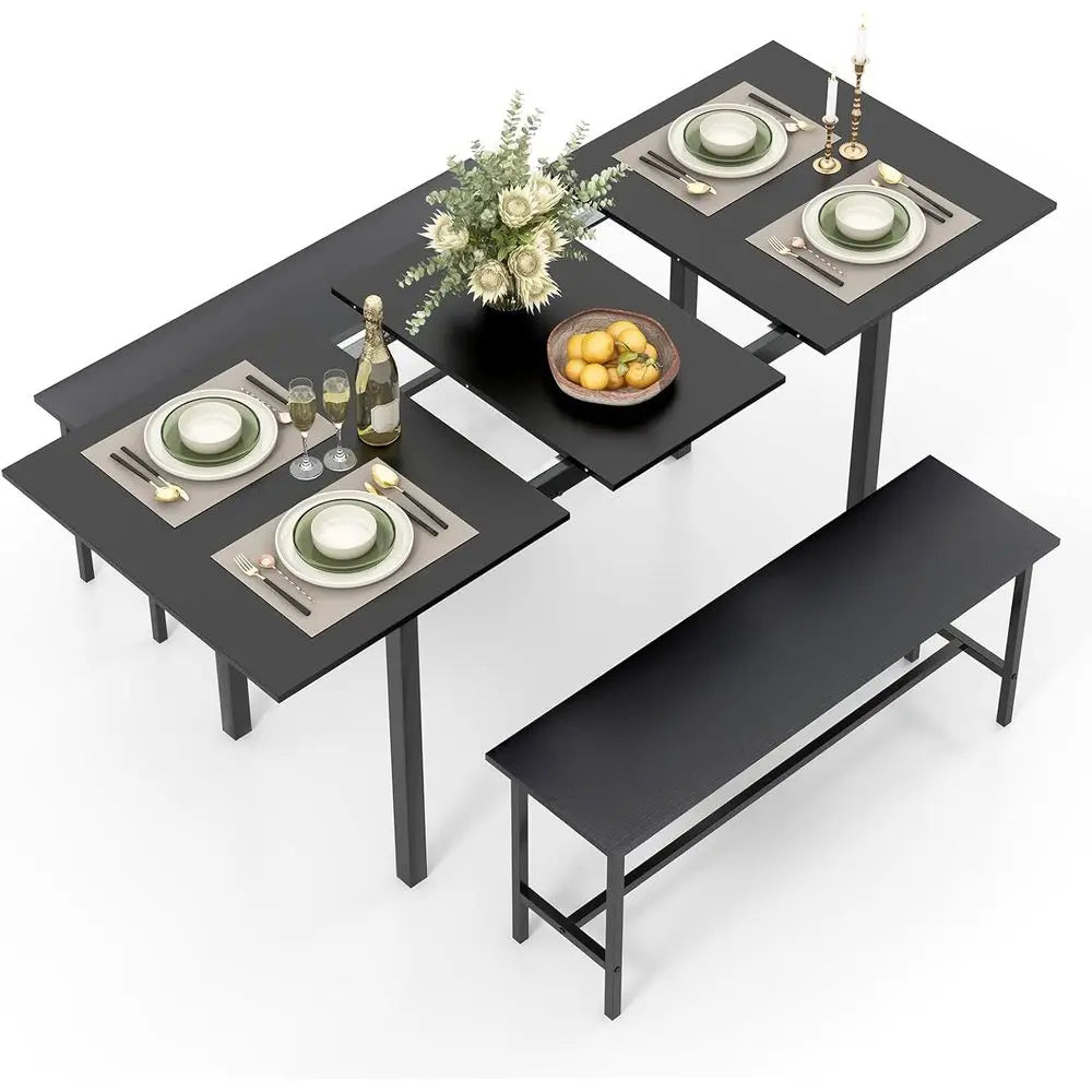 Space-Saving 63 Extendable Dining Table Set with 2 Benches for Small Spaces, Easy Clean Black Finish