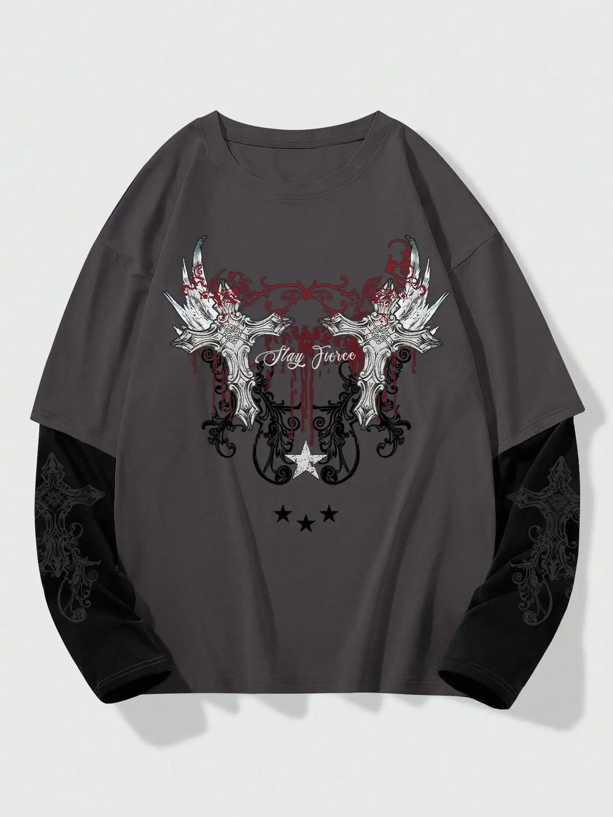 Men's Gothic Style 2-in-1 Layered T-Shirt with Cross Wing Graphic for Halloween Casual Wear