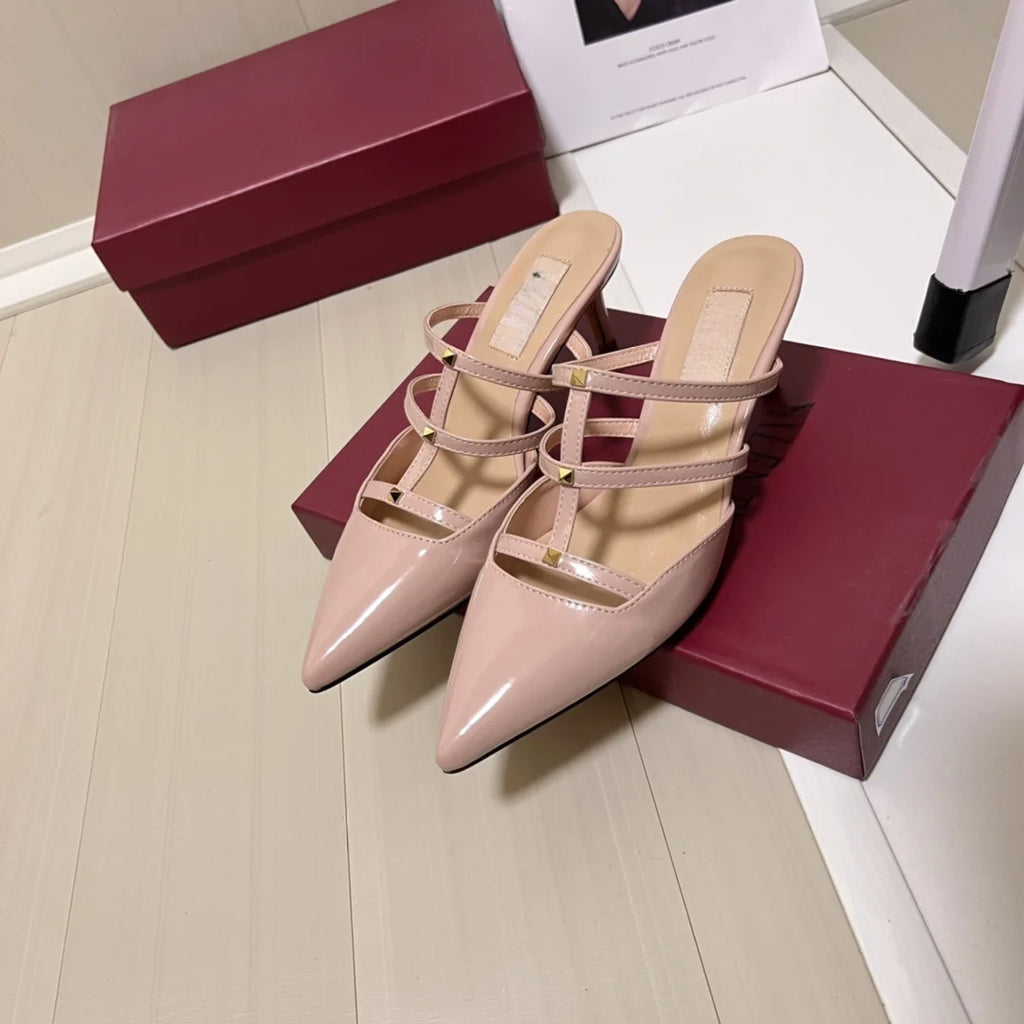 Women's shoes with rivets, high-heeled shoes, thin and tailored shoes, summer sexy pointed toe T-shirt with back empty slippers
