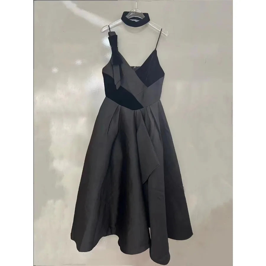 【New style】24 spring new product V-neck bow sexy goddess irregular waist slimming suspender party dress