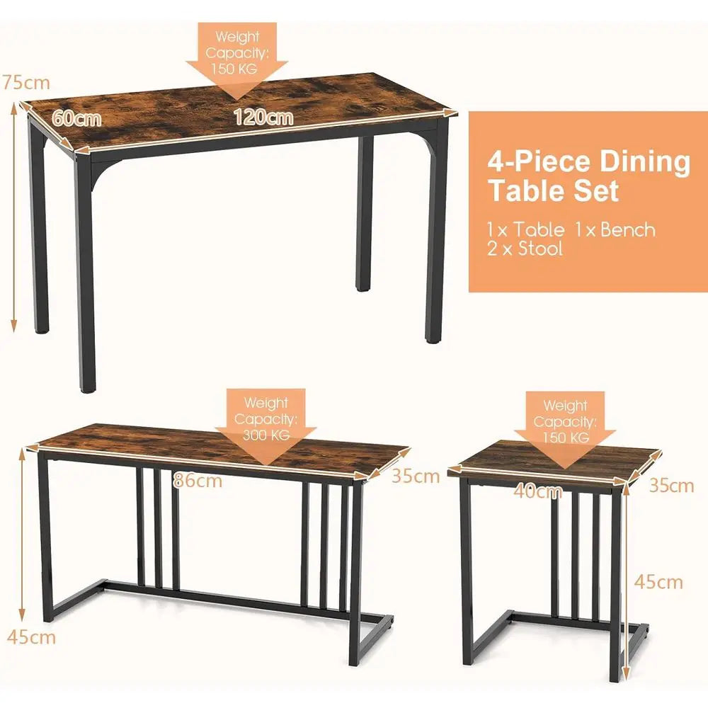 Dining Table and Stools Set with Bench, 4 Pieces Steel e Kitchen Table Set with Adjustable oot Pads, Space-Saving Wooden Dining