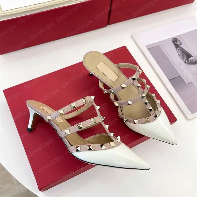 High heels designer sandals classics metal buckle pointed toe thin heel summer valentinolies luxurys brand genuine leather woman