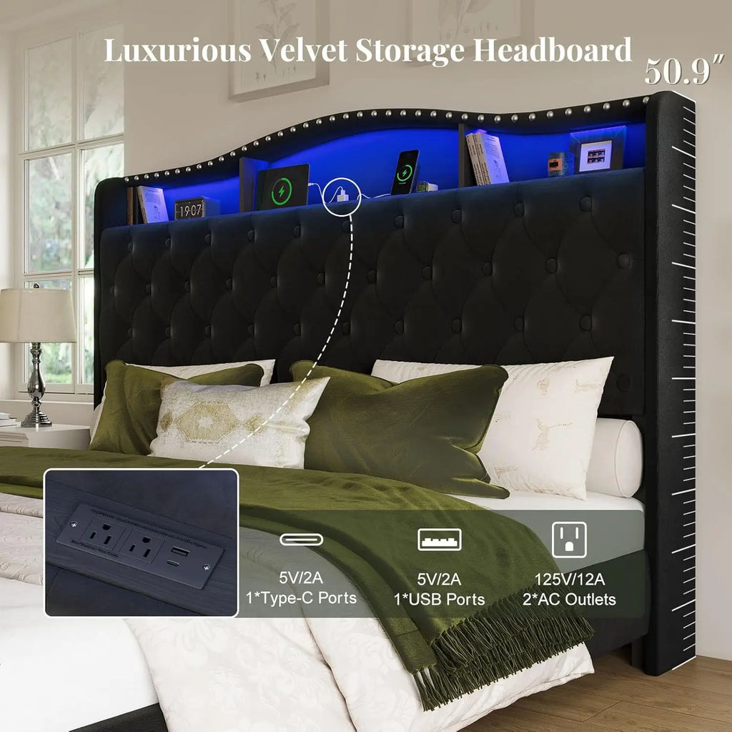 Upholstered Wingback Bed Frame LED Lights Storage Charging Station Tufted No Box Spring, Customized