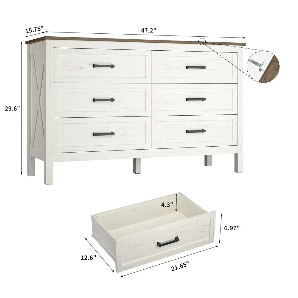 Dresser for Bedroom, 6 Drawers Dresser with Natural Texture, Wood Rustic Wide Chest for Bedroom, Hallway, Entryway, Antique Whit