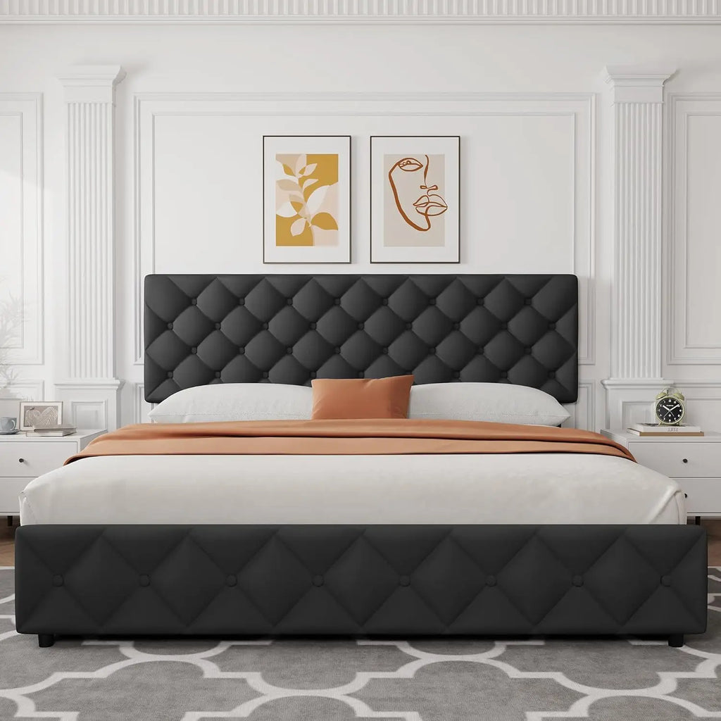 King Size Bed Frame with Storage Drawers, Adjustable Headboard, Linen Upholstered Platform Bed, No Box Spring Needed