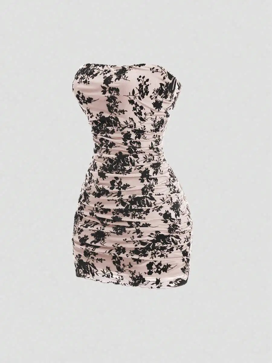 Black Velvet Floral Print Strapless Ruched Mini Dress for Women