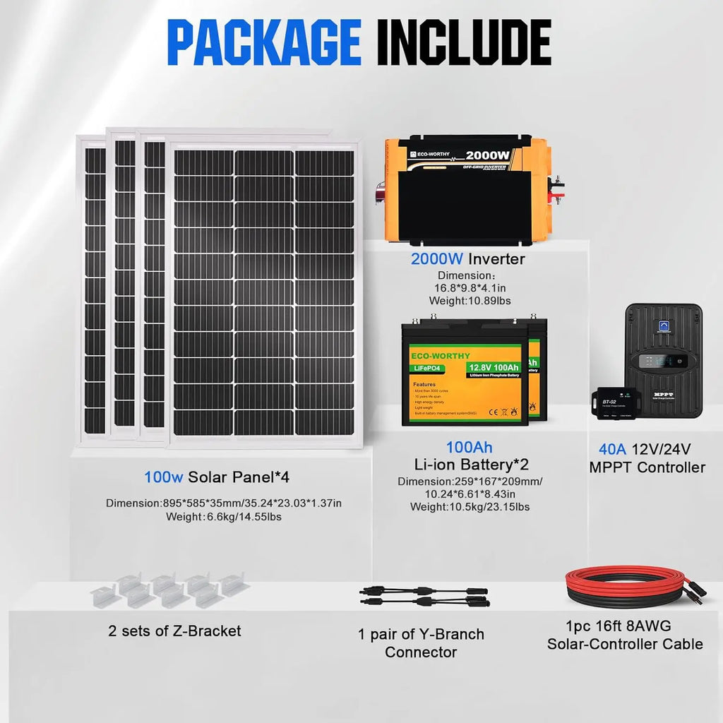 ECO-Worthy 1.6KWH Complete Solar Panel Kit 400W 12V for RV Off Grid: 4 * 100W Solar Panel+40A MPPT Controller+2*12V Battery