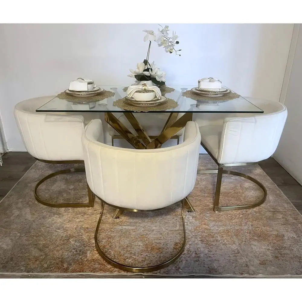 Pair of Velvet Dining Chairs, Gold Metal Legs, Cream White Upholstery for Kitchen or Dining Area