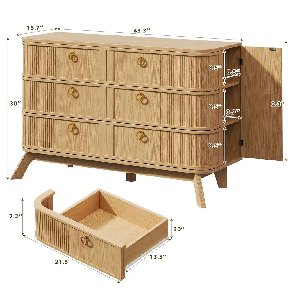 6 Drawer Dresser for Bedroom, 43 Modern Chest of Drawers with Metal HandlesampWood Legs, Curved Profile Design, Rattan Dresser f