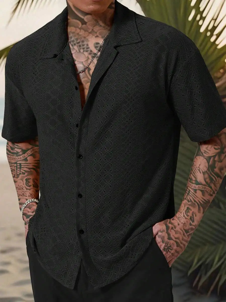 Men's Yellow Eyelet Lacework Short Sleeve Button-Down Casual Shirt