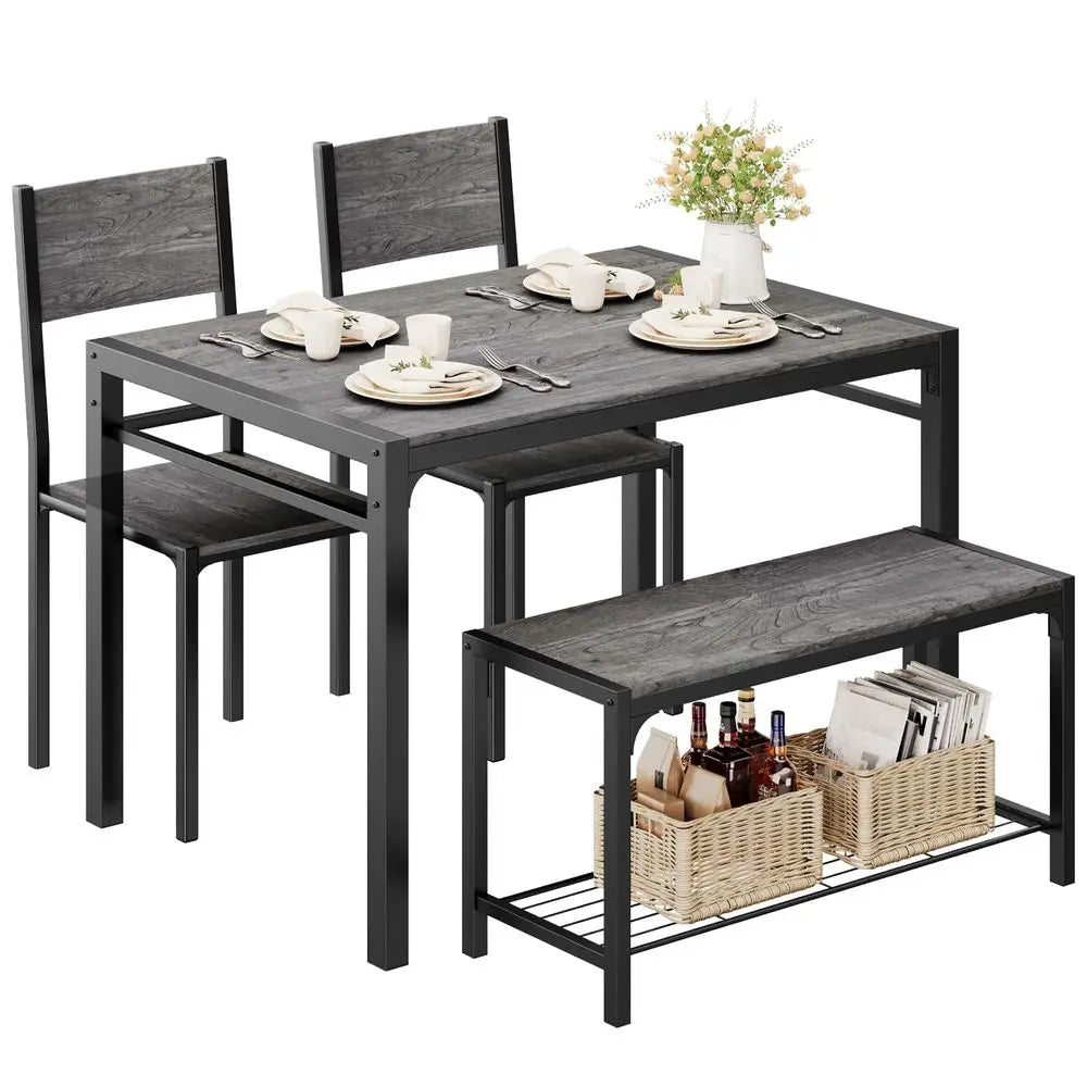 Kitchen Table and 2 Chairs for 4 with Bench, 4 Piece Dining Sets for Small Space, Dark Grey