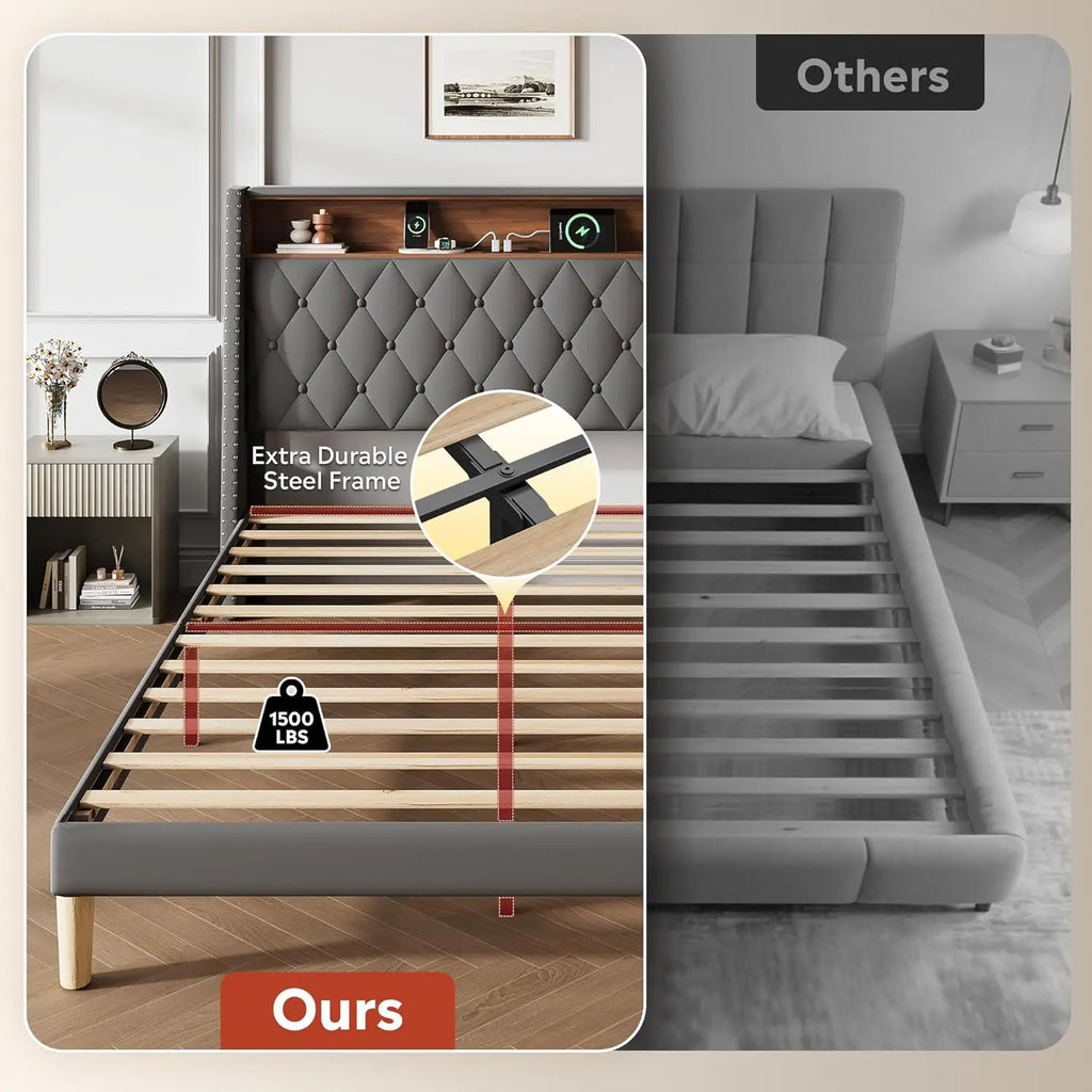 Upholstered Bed Frame with Tall Wingback Headboard, Velvet Square Tufted Platform Beds with Charging Station, Customized