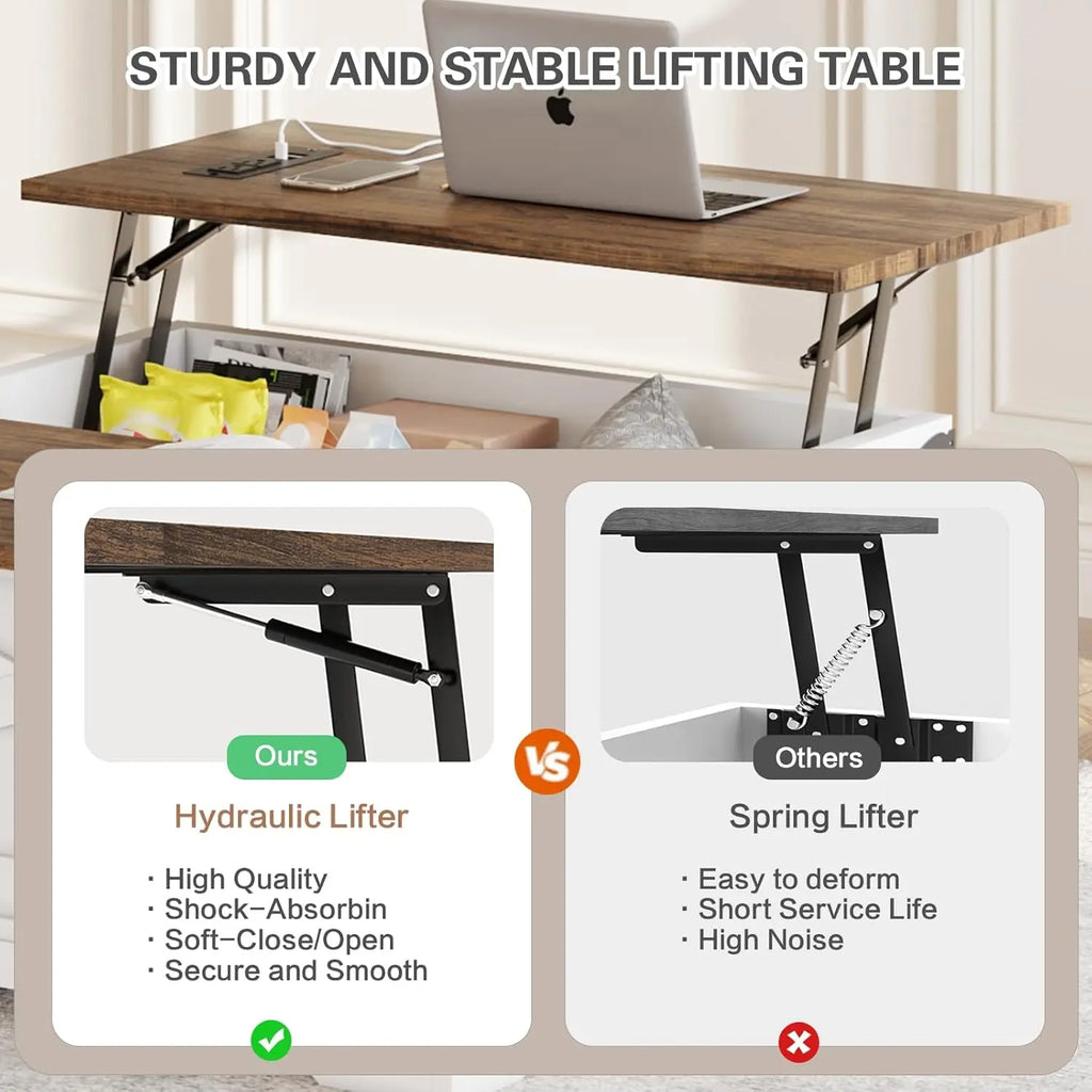 Lift Top Coffee Table with Storage, Square Coffee Table for Living Room with Charging Ports, Farmhouse Dining Table