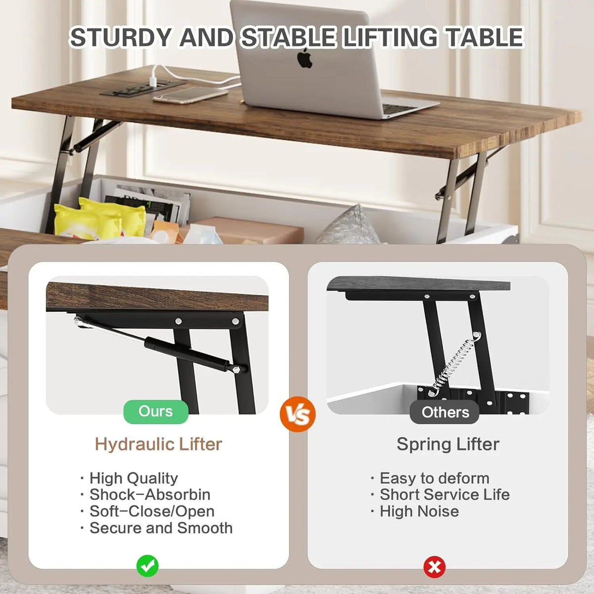 Lift Top Coffee Table with Storage, Square Coffee Table for Living Room with Charging Ports, Farmhouse Dining Table
